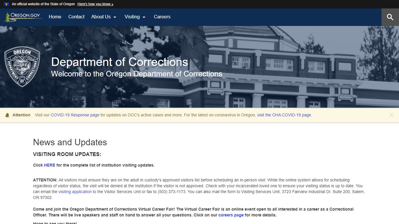 Department of Corrections : Welcome Page : State of Oregon